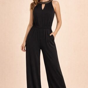 Michael Kors Black Sleeveless Wide-Leg Jumpsuit with Studded Neckline Keyhole